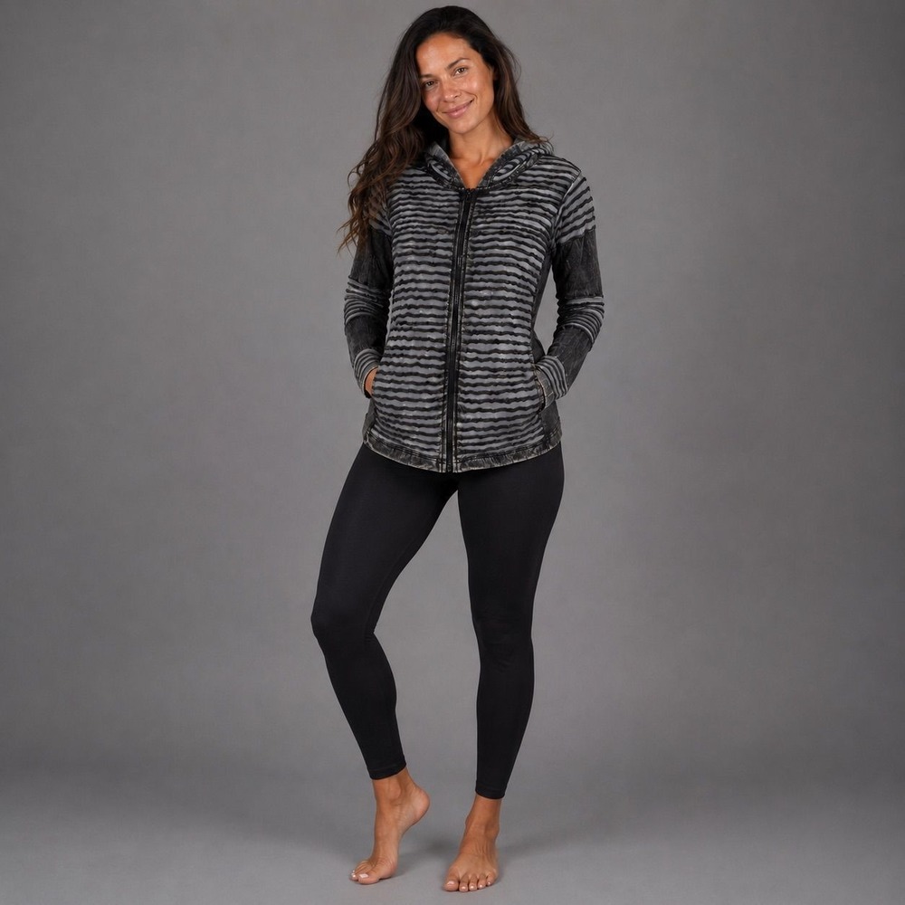 Fuzy Camel Womens M Black Grey Textured Striped Zip Up Hoodie Cotton Nepal Boho - Picture 1 of 12